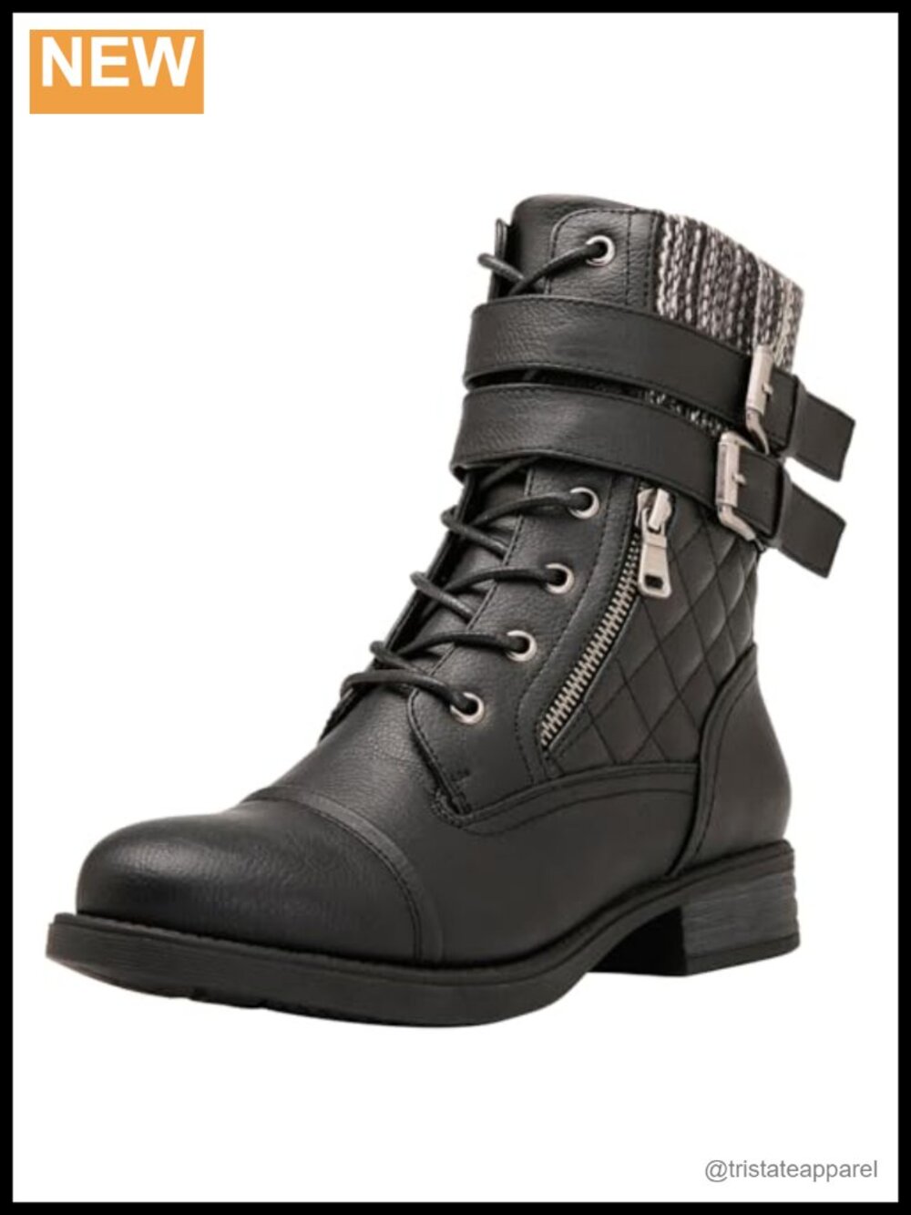 Mid Calf Combat Boots Faux Leather Low Heel Round Toe Side Zip Ankle Bootie